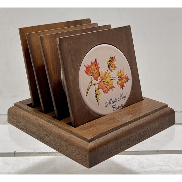 Vintage  Midcentury Modern Walnut Coaster Caddy w/ Enameled Maple Leaf - Picture 6 of 9